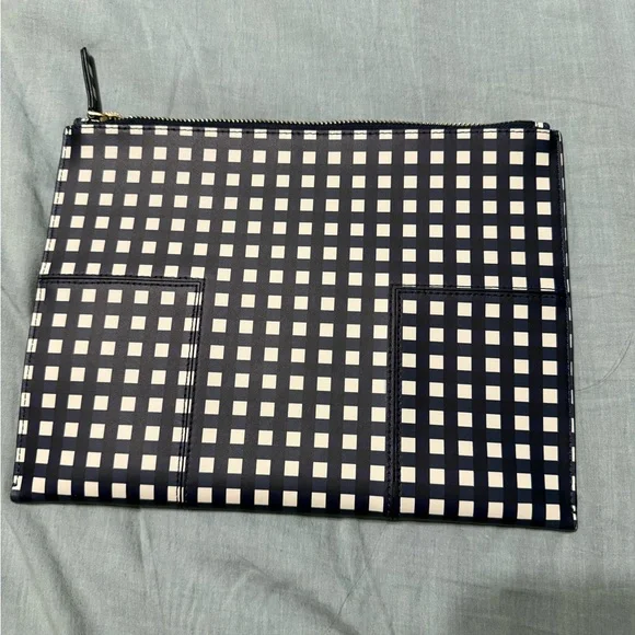 Tory Burch Navy and White Gingham Zip Pouch with Gold Logo - Picture 2 of 3